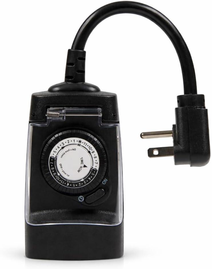 Single Outlet Outdoor Timer with 3-Prong Plug, All-Weather Design, 15 Amp Power Control, 6-Inch Cord for Lights and Devices