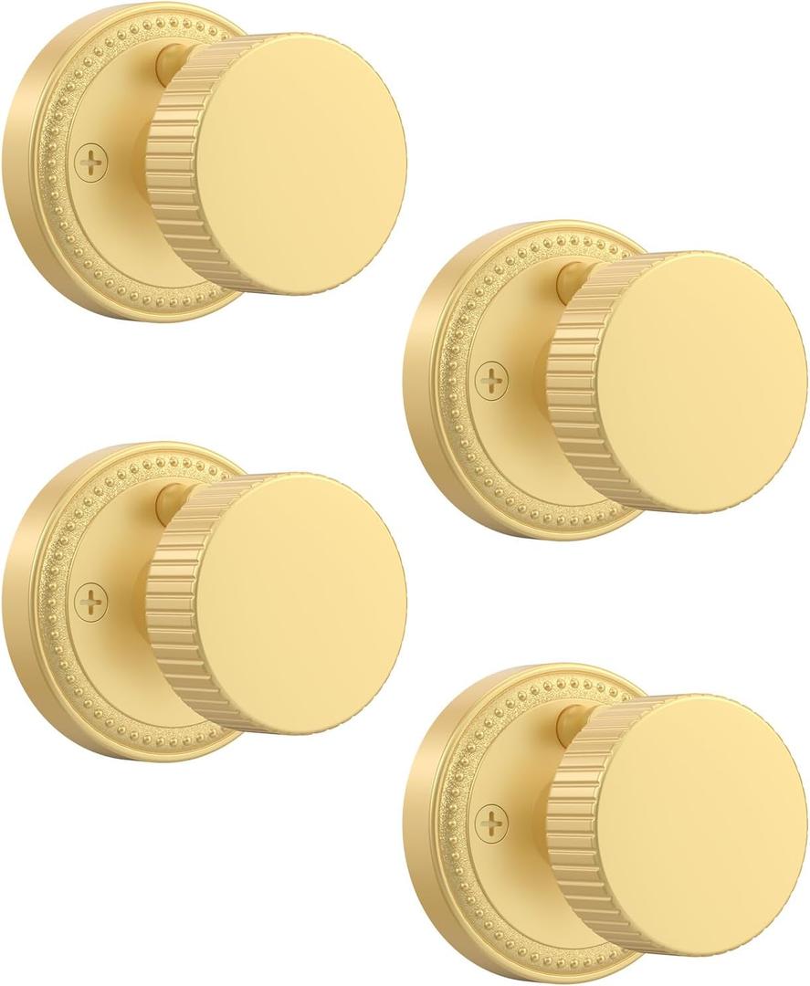 Asidrama 4 Pack Privacy Gold Door Knob with Lock, Brush Gold Door Knobs Interior for Bedroom or Bathroom, Heavy Duty Brush Gold Door Handle for Left Right Sided Doors
