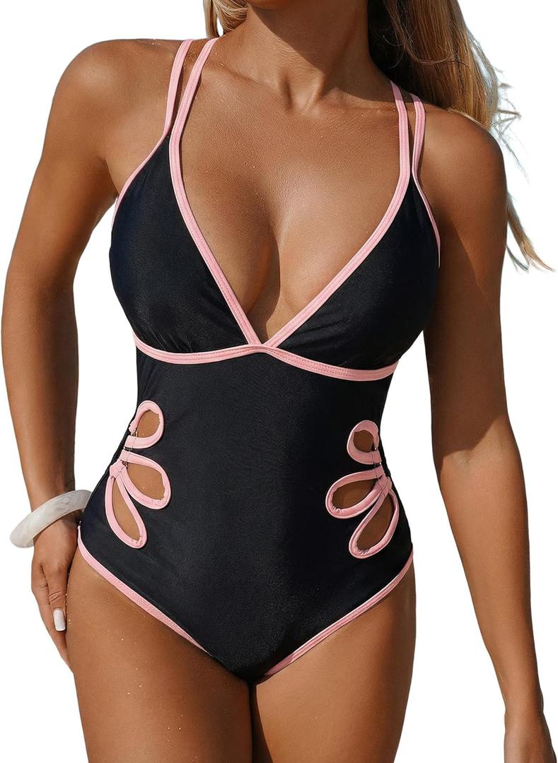 ZAFUL Women's Petal Cut Out One Piece Swimsuit Colorblock V Neck Dual Straps Crisscross Backless Bathing Suit (Black, M)