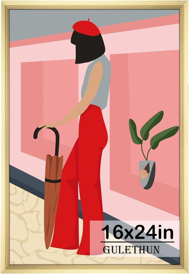 GULETHUN 16x24 Picture Frame, Gold Poster Frame, Home Decor Natural Gallery Frames, Horizontal or Vertical Format, Sturdy, Plexiglass, Large Wall Decor, for Photos, Artworks, Posters, 16x24in