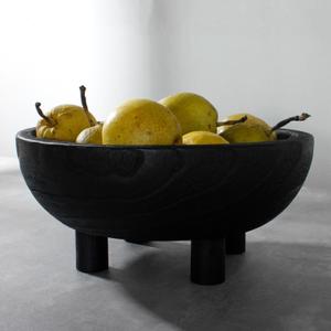 Black Wood Decorative Bowl, 11" Large Round Rustic Footed Bowl, Wabi Sabi Vintage Decor for Centerpiece Tabletop Shelf