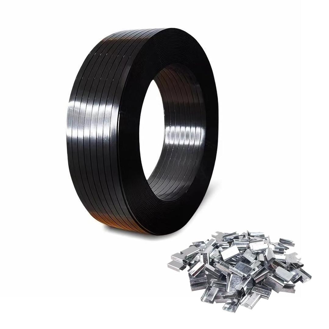 Packaging Strapping Banding Coil 1000ft x5/8x 0.035" PET Strapping Roll 1500lb Heavy Duty Industrial Strength Rust-Resistant Black Plasitc Polyester Pallet Strapping & 100 Buckles