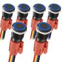 APIELE Latching Push Button Switch 16mm 0.63'' 12V- 24V DC LED SPDT 1NO1NC Aluminium Alloy Metal Push Button Switch with Pigtail 6PCS (Black Shell-Blue, 16MM)