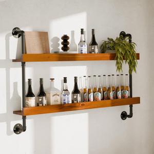 Industrial Wine Rack Wall Mounted, Solid Wood Shelf with Metal Pipe Brackets, 2-Tier Rustic Hanging Organizer for Wine Bottle Storage in Kitchen, Bar, Pub, Cellar(Walnut Brown, 48 Inch), S2T48