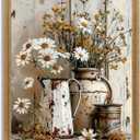 Krtoni Framed Farmhouse Vintage Canvas Wall Art, Rustic Floral Paintings Artwork Wall Decor, White Daisy Flower With Iron Kettle Theme Poster Print for Living Room Bedroom Bathroom Study 16''L x 12''W