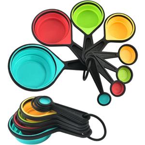 Collapsible Measuring Cups and Spoons Set, 8 Pieces, Silicone, Adjustable for Kitchen, Camping