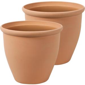 WORTH Garden 2-Pack 15" Dia. Round Planters - Large Terracotta Color Plastic Pots for Indoor & Outdoor Plants - Lightweight Decorative Flower Containers for Porch, Patio, Yard, or Deck