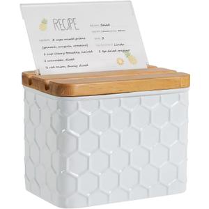 HOME PALETTE Recipe Box with Cards and Dividers Set 4x6 Recipe Holder for Kitchen Counter Metal White Honeycomb Pattern Embossed Recipe Card Box with Wooden Grooved Lid