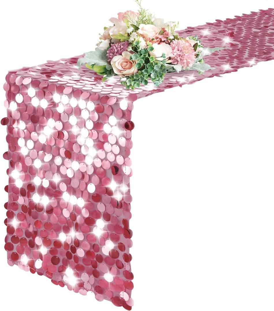 Pufogu 12 "x 108" Sequin Table Runner, Pink Glitter Premium Big Sequin Table Runner, Rectangle Table Runner for Halloween, Christmas, Wedding Party, Birthday Party, Banquet Decor (1 Pack). (12"x108" 1PCS, Pink)