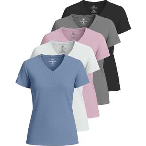 Real Essentials 5 Pack: Women's Short Sleeve Breeze Tech V-Neck T Shirt Workout Top Wicking Dry Fit Athletic Tee (Plus) XS