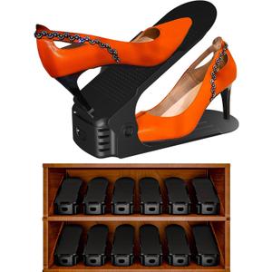 Shoe Slots Organizer, 12PCS Adjustable Double Layer Stack Shoe Rack, 50% Space-Saving Storage Rack Holder, Black