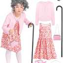 WATCPNO 100 Days of School Costume Pink Dress Set Old Lady Costume for kids Girls Grandma Costume for kids Dress Up (M(6-7))
