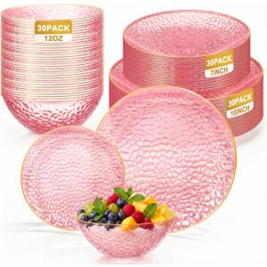 Havawish 90 Pcs Clear Plastic Plates and Bowls Set for 30 Guests Hammered Clear Disposable with Gold Rim Heavy-duty Include 60 Plastic Plates, 30 Bowls for Wedding Birthday Party (Pink)