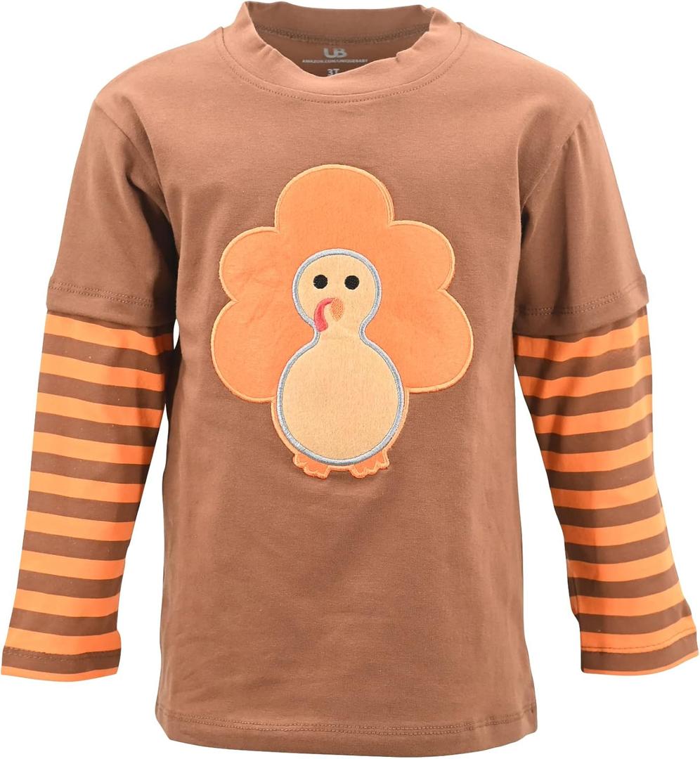 Unique Baby Boys Shirts for Kids and Toddlers Striped Layered Long Sleeve with Embroidery (Brown)
