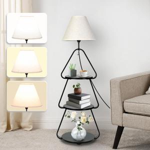 Qupui Floor Lamp with Small Round Side Table, 3-Tier Circular End Table with Storage Shelf, Round Corner Coffee Desk Nightstand for Living Room Bedroom Small Spaces, Black