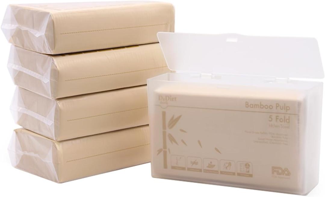 DrDirt Bamboo Multifold Paper Towels - Five-Fold Design, Sustainable, Soft and Absorbent Hand Towels for Bathroom,Home and Kitchen Use, Includes a Sturdy Plastic Tissue Box (5 Packs, 110 Sheets/Pack)
