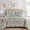3-Piece Queen Size Boho Oversized Quilt Set 100 inch X 106 inch All Seasons Large Bedspread, Pillow Shams Lightweight Soft Coverlet Green Red Purple Blue Colors Bed Cover Floral Pattern