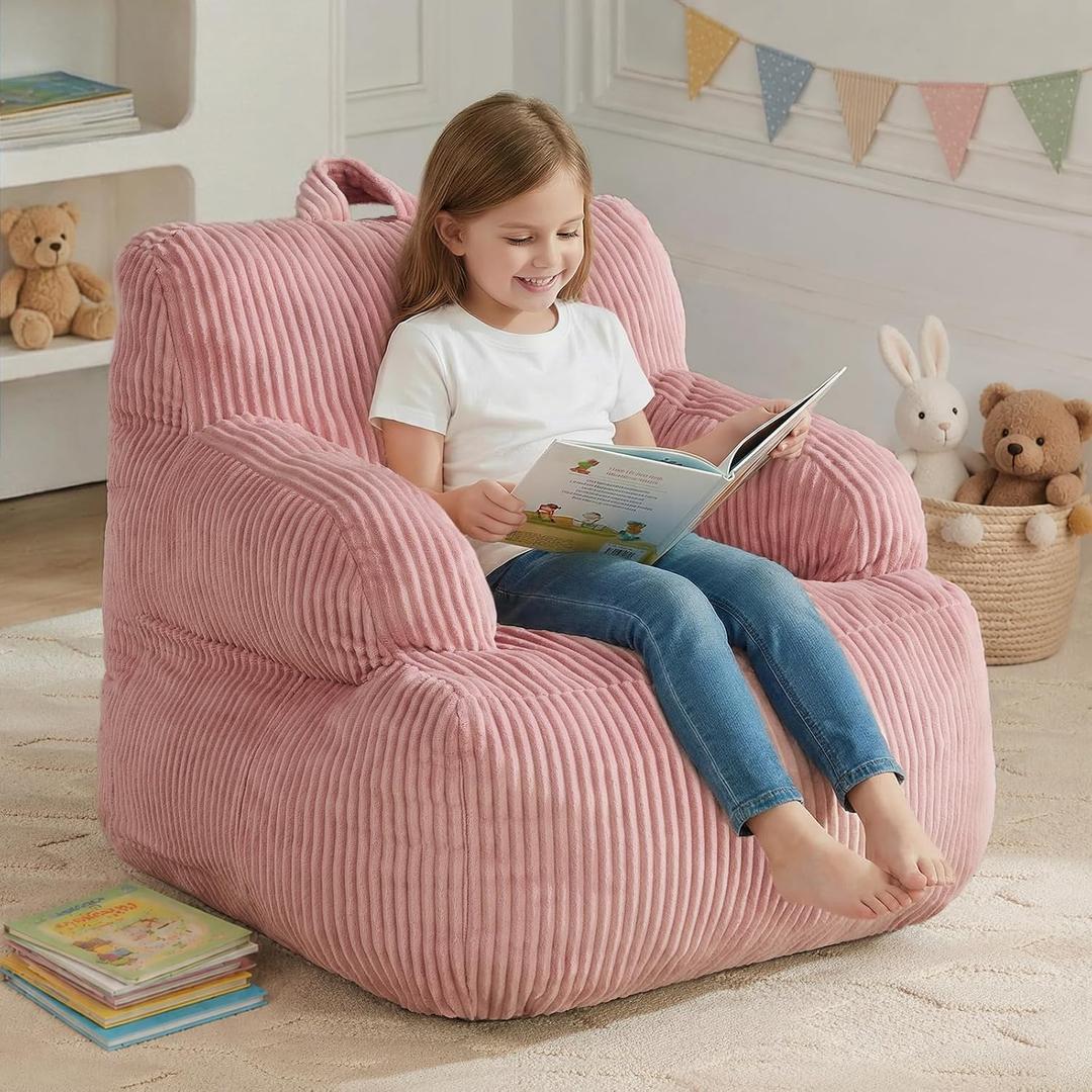 Bean Bag Chairs for Kids with Armrests, Comfy Kids Bean Bag Chair, Soft-Filled Cozy Bean Bag Sofa for Boys and Girls, Small Bean Bags for with Pocket, Floor Chair for Gaming, Reading & Relaxing, Small, Pink