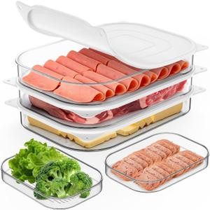 XWF Deli Meat Container for Fridge, Bacon Lunch Meat Container for Refrigerator, Meal Prep Containers, Stackable Food Storage Boxes with Lid for Cold Cuts, BPA Free, 3PCS