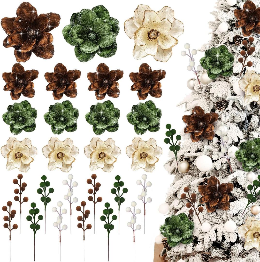 Suncalla 24 Pcs Velvet Christmas Ornaments 12 5.5'' Velvet Magnolia Flower for Christmas Tree 12 6.3'' Spheres Ball Pick Stem Artificial Magnolia Flower for Xmas Tree Decor(Beige, Brown, Green)