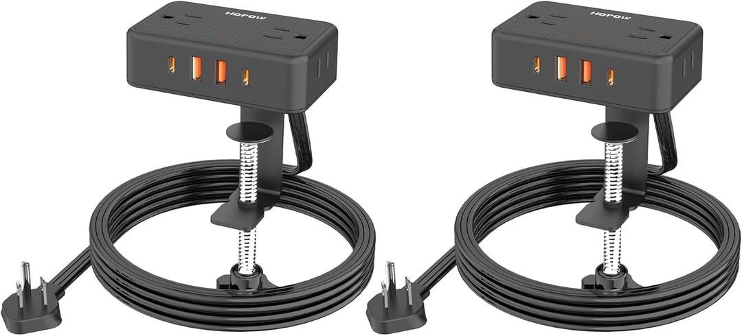Desk Clamp Power Strip, 2 Pack Desktop Mount Charging Station with 4 Outlets 4 USB Ports (2 USB C), 10Ft Under Desk Power Strip, Fits 2.75" Tabletop Edge, Extension Cord for Home Office, Black