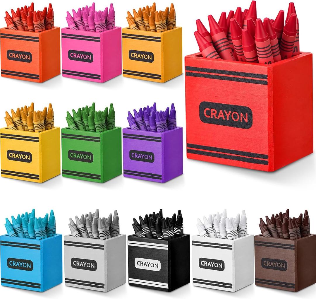 Sherr 12 Pack Crayon Organizer Holder Wooden Colored Pen Holder Crayon Dispenser Marker Storage Organizer Back to School Storage Caddy Case Art Craft Supply for Classroom (1.97 x 2.36 x 2.36 Inches)