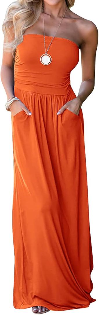 Womens Off The Shoulder Maxi Dresses Summer Strapless Bandeau Long Dress with Pockets, Small