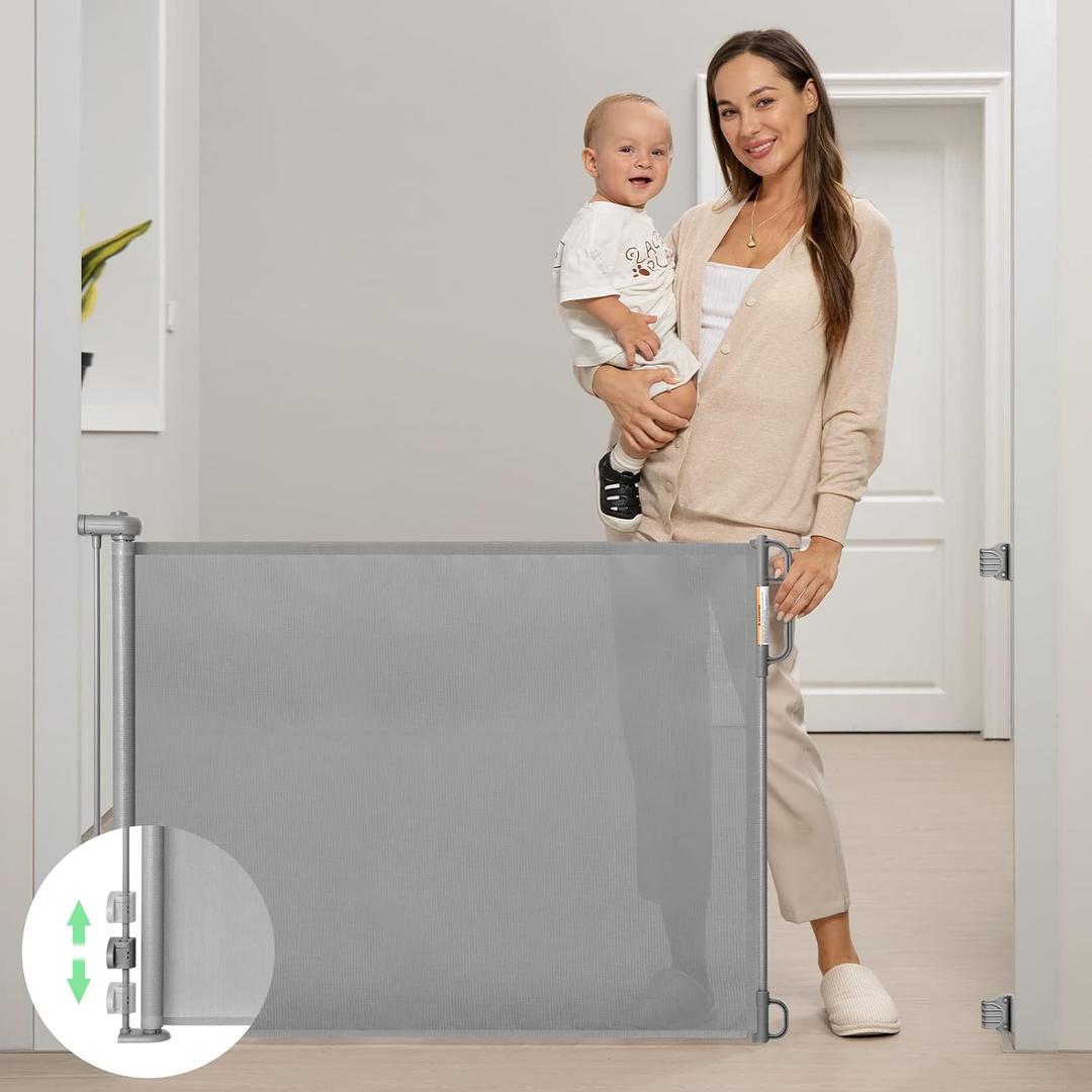 Retractable Baby Gate, Momcozy Mesh Baby Gate or Mesh Dog Gate, 33" Tall,Extends up to 71" Wide, Child Safety Gate for Doorways, Stairs, Hallways, Indoor/Outdoor (Gray)