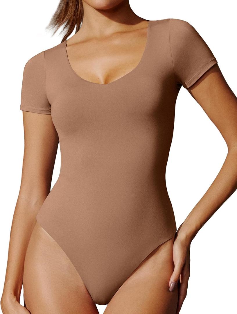 IUGA Bodysuits for Women Tummy Control Short Sleeve V Neck Body Suits for Womens Compression Slimming Thong Bodysuit (Medium, Latte)