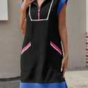 Fisoew Women's Summer Sleeveless Mini Dress Casual Half Zip Cap Sleeve Contrast Loose Sweatshirt Dresses (Medium, Black)