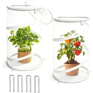 2 Pcs Pop Up Mesh Plant Protectors, 21 x 13 Foldable Garden Cover, Specifically Designed for Outdoor Vegetables, Seedlings & Flowers, Animal Barrier Cloches with Stakes (White)