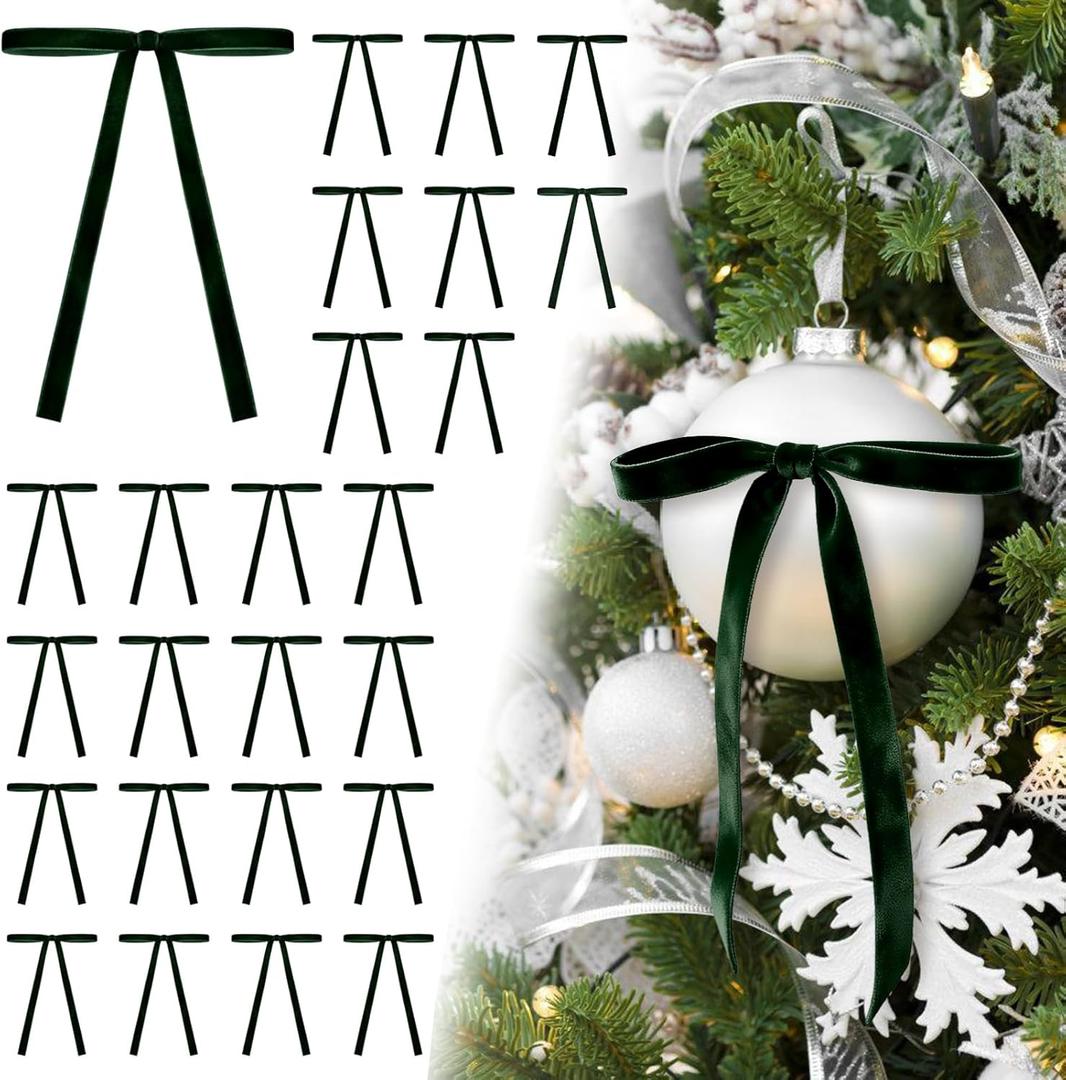 24Pcs Velvet Ribbon 5 x 7 Inch Christmas Ribbon 3/8 Inch Wide Christmas Bows Vintage Velvet Bows for Christmas Tree Dark Green Bows for Christmas Tree Decorations
