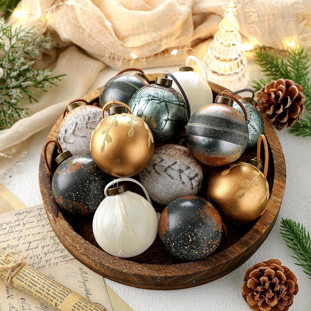 Syhood 12 Pcs Vintage Christmas Ball Ornaments 2.36'' Neutral Textured Christmas Ornaments Rustic Distressed Xmas Farmhouse Holiday Decor for Xmas Tree(Dark Color,Retro Style)