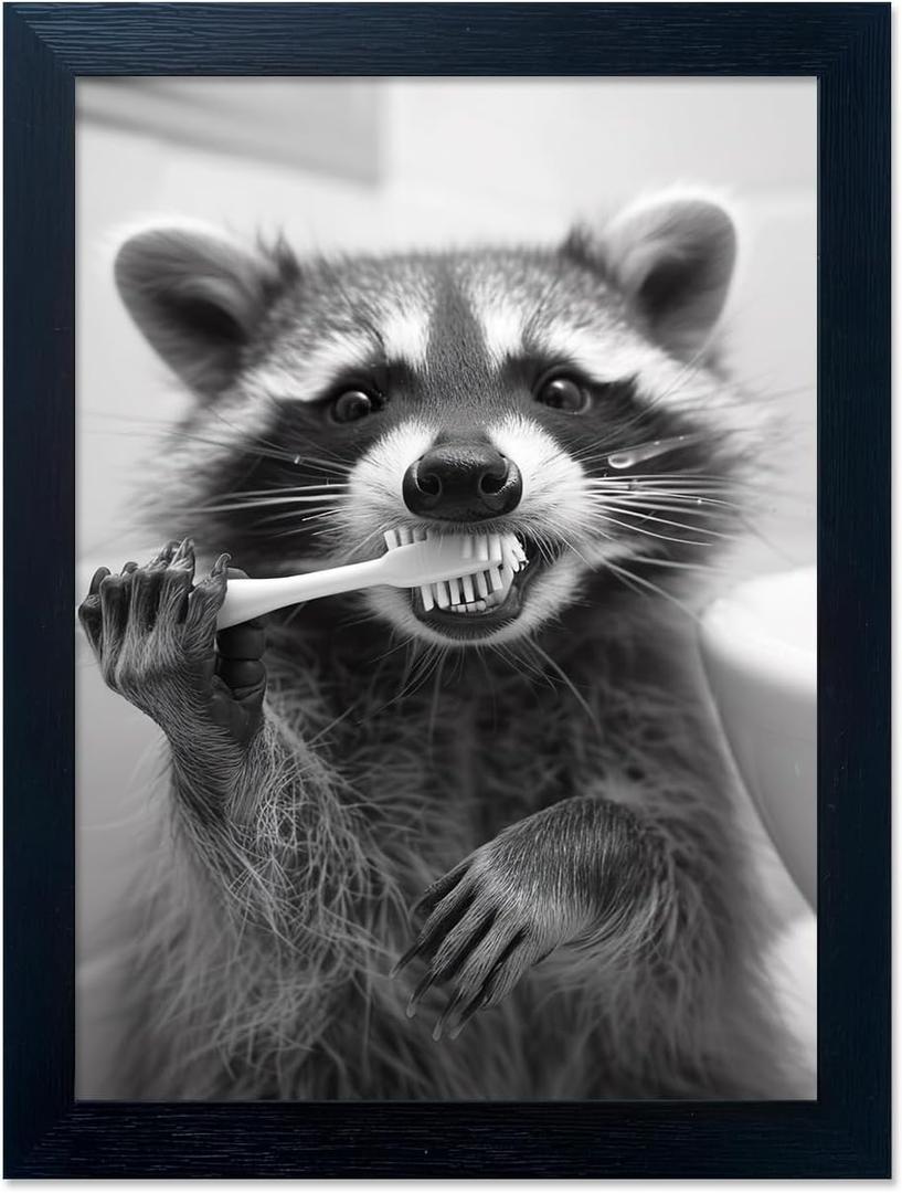 Raccoon Bathroom Art Wall Decor Black And White Animal Picture Funny Raccoon Brushing Teeth Art Farmhouse Framed Prints Painting (10"L x 8"W) JK0301