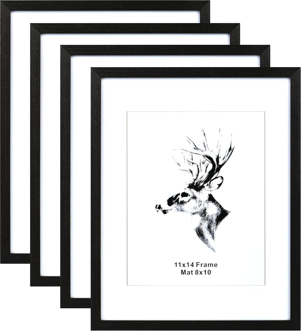 Yaetm 11x14 Black Picture Frame with Mat for 8x10 Set of 4, Solid Wood 11x14 Frames with Tempered Glass for Wall Gallery, Home and Office, Wall Mounting (4 pack, Black)