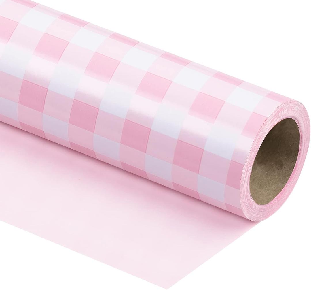 WRAPAHOLIC 30 Inch Reversible Wrapping Paper Roll - Jumbo Roll Pink and White Plaid Design for Birthday, Holiday, Wedding, Baby Shower and More Occasions - 30 Inch x 33 Feet