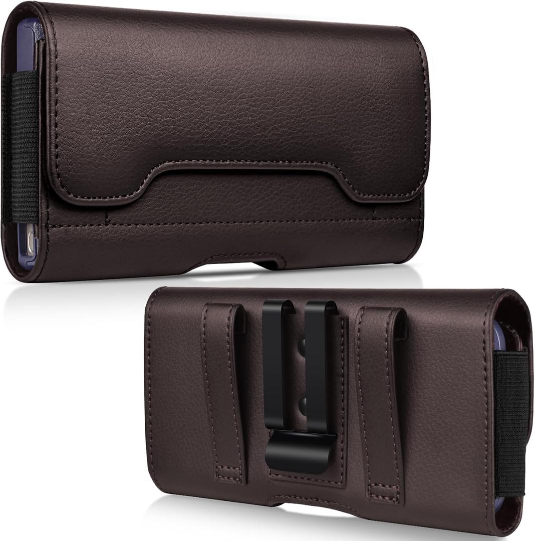 Leather Phone Holster with Strong Metal Belt Clip and Card Holder Compatible with iPhone 16/15/14/13/12 Pro Max, Galaxy S25/S24/S23/S22/S21/S20 Plus and FE for Everyday Protection, L-Coffee