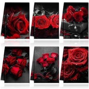 Breling Set of 6 Red Rose Kitchen Towels Vintage Themed Dish Towel Bathroom Decorative Rustic Cloths Tea Towels for Kitchen Bathroom Home Cooking Housewarming Gifts, 14 x 21 Inch