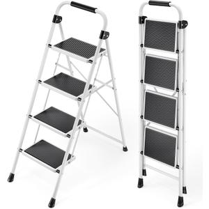 KINGRACK Step Ladder 4 Step Folding Step Stool for Adults with Handrails Heavy Duty Steel Sturdy Lightweight Collapsible Portable Step Ladder with Anti-Slip Wide Pedal,White