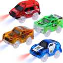 Tracks Cars Magic Light Up Track Cars Toy Glow in The Dark for 3 4 5 6 7 8 Kids Boy Girl, Race Cars with 5 LED Flashing Light Battery Operated Vehicle Compatible w/Most Tracks (4Pcs)