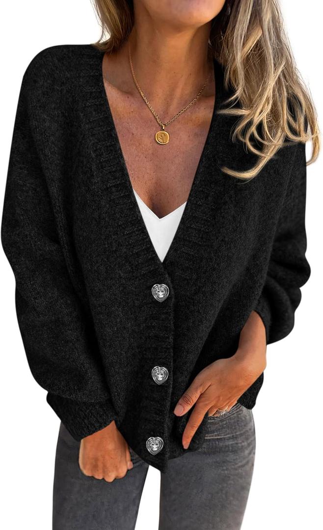 PRETTYGARDEN Cardigan Sweaters for Women Trendy Fall 2026 Long Sleeve Button Down Oversized Chunky Knit Sweater Outerwear (Black)