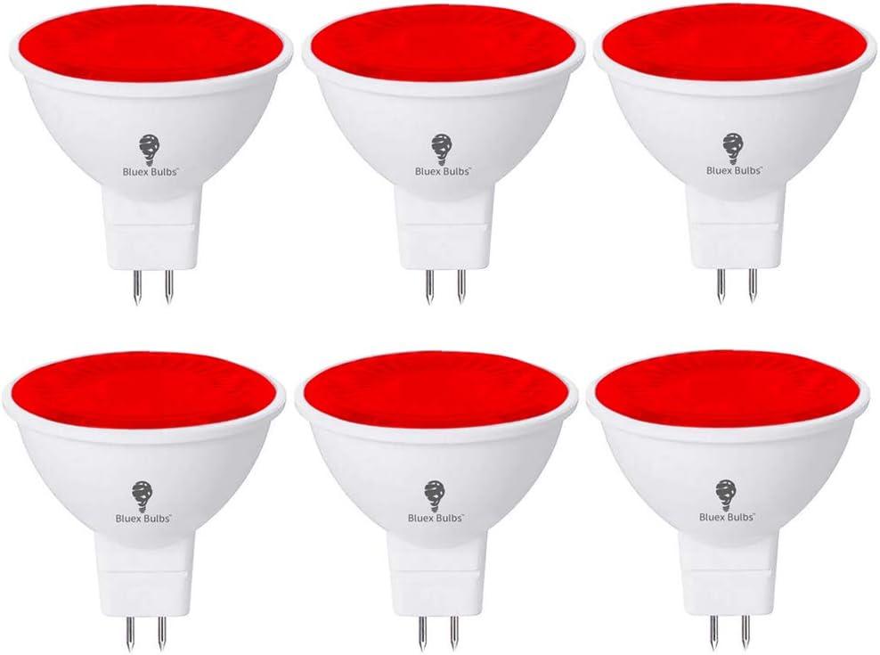 BlueX 6 Pack LED MR16 Red Light Bulb - 6W (50Watt Equivalent) - GU5.3 Bi-Pin Base 12V Red LED Bulb, Party Decoration, Porch, Home Lighting, Holiday Lighting, Decorative Illumination