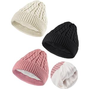 3 Pieces Kids Satin Lined Knit Beanies Winter Hat Child Warm Ski Skull Caps for Girls Boys Baby Toddlers 3-12 Years (Black, Pink, Khaki)