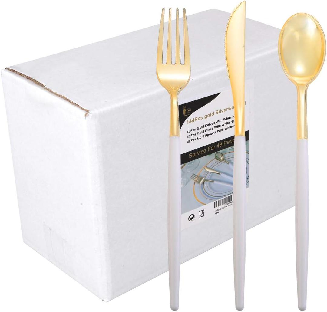 I00000 144Pcs Gold Plastic Silverware, Gold Plastic Utensils Set,Disposable Utensils Heavy Duty,Disposable Silverware Set Includes 48 Forks,48 Knives,48 Spoons for Wedding & Party (White)