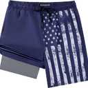 Mens Swim Trunks with Compression Liner, 7 Inch Inseam Stretch Quick Dry Swimsuit Swimming Short, Navy Flag Beach Board Shorts Built-in Swimwear Bathing Suit for Men, Large