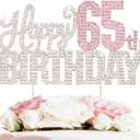 Happy 65th Birthday Silver & Pink Rhinestone Cake Topper - Cheers to 65 Years Old 65th Bday Metal Sparkly Cake Centerpieces Topper Decorations Sign.