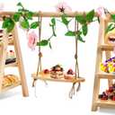 3 Tier Wooden Cupcake Stand with Swing and Flower Decoration, Large Dessert Stands with Serving Tray, Removable Trays, Foldable Ladder Food Display Set for Cake Snack Fruit Chips Bread Centerpieces (Natural)