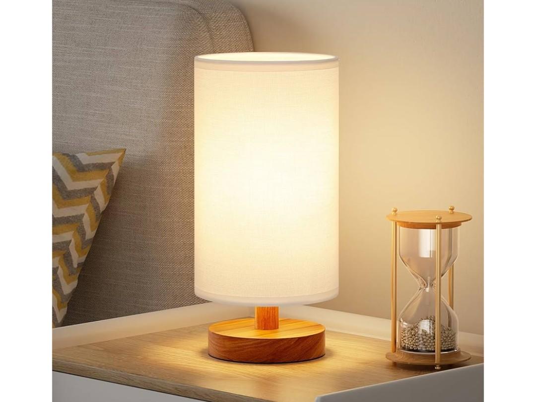 Fenmzee Small Table Lamp for Bedroom - Inline Control, Bedside Lamp with 3000K A15 LED Blub, Easy Assembly (White Shade - Walnut Base, 9" Inline Control)