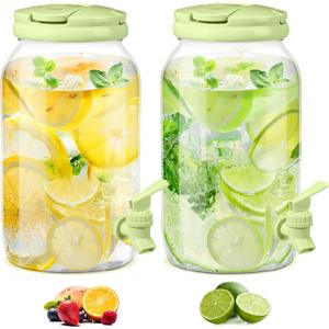 Havawish 2 Pcs 1 Gallon Plastic Beverage Dispenser with Spigot Clear Summer Kitchen Fridge Drink Dispenser for Parties Lemonade Juice Tea Beer Cold Water(Green,Cylinder)