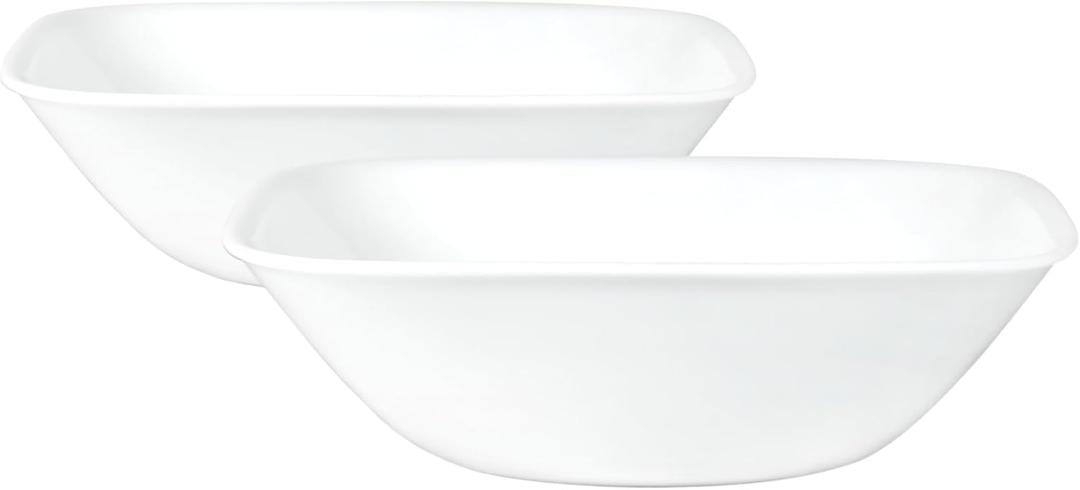 Corelle Vitrelle 2-PC Large 1-Qt Glass Serving Bowl, Crack and Chip Resistant, Square Serving Trays, White